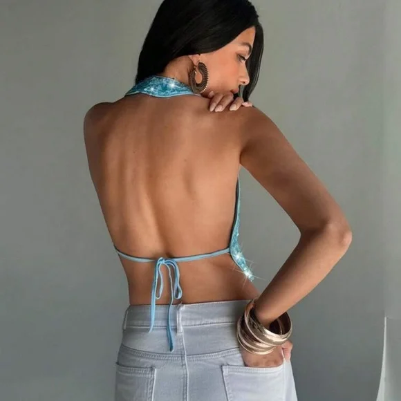 Aloruh Women's Translucent Sequin Plunging Neckline Backless Halter Camisole - Picture 3 of 4